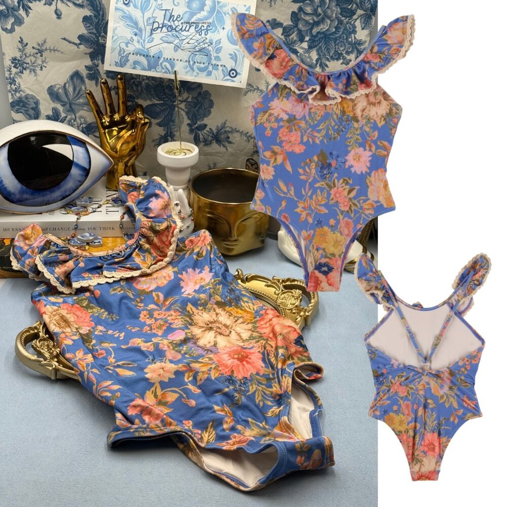 🆕 ZIMMERMANN KIDS 🧿 NWT August Trim Scoop 1PC, Dusty Blue Floral - Sz 10Y